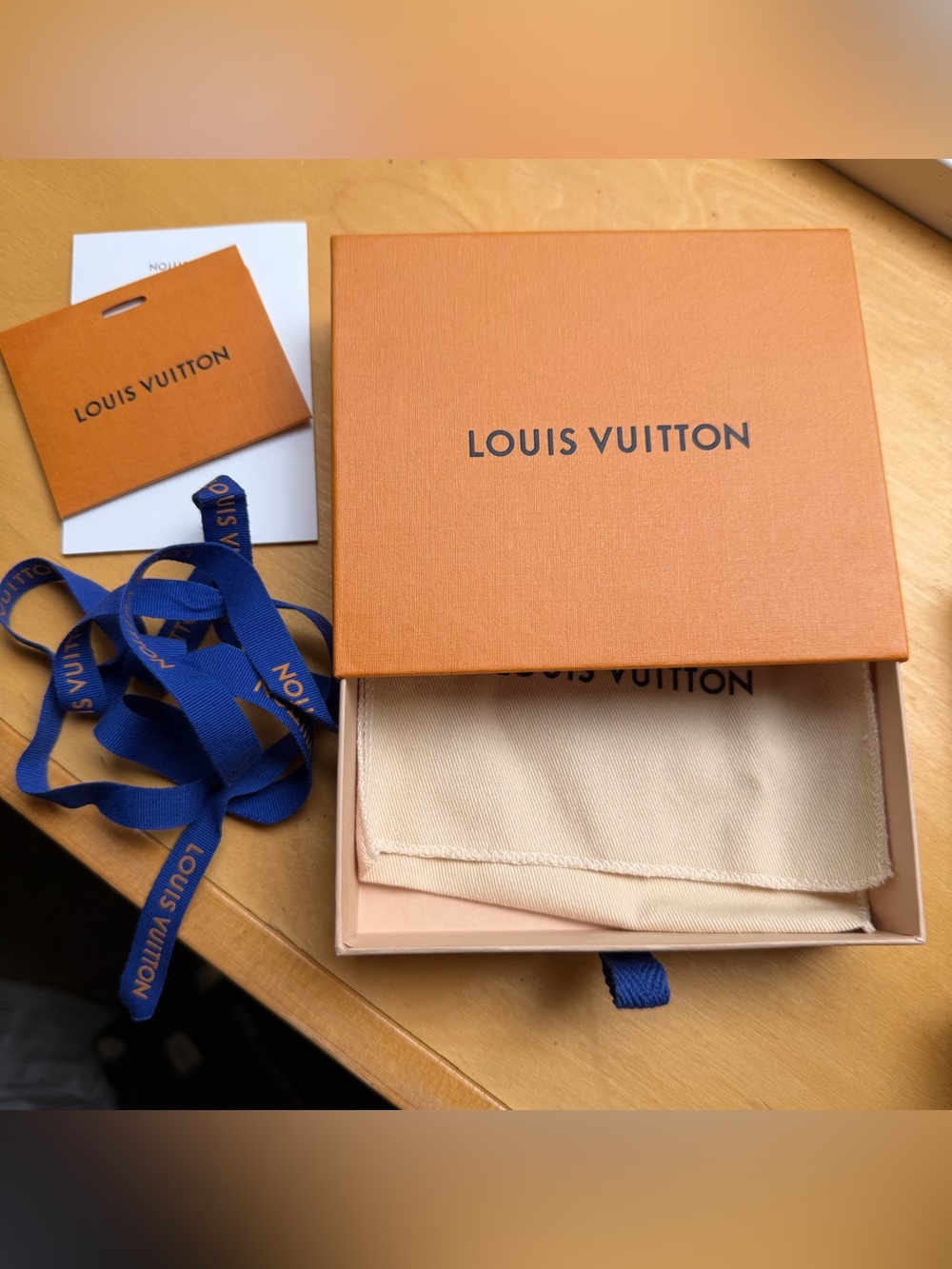 Louis Vuitton Orange Box with Blue Logo Ribbon and Dust Bag Box